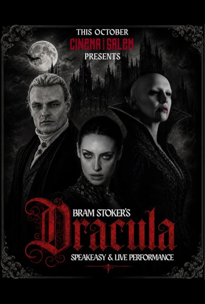 Movie poster for “Bram Stoker’s Dracula” at Cinema Salem, featuring portraits of three gothic characters over a castle silhouette and a full moon, set within a moody Dracula-themed vampire bar.