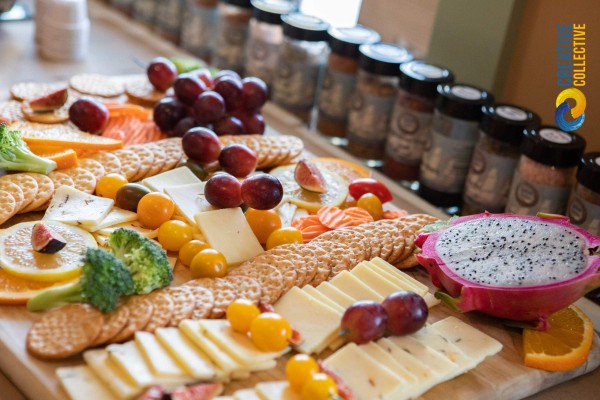 An amazing spread and selection from Salem Gnu kitchen really showcases the possibilities of this space for events as well as showcases the ability to cater events out of the innovative shared kitchen space. Cheese and Crackers display at Salem Gnu Kitchen
