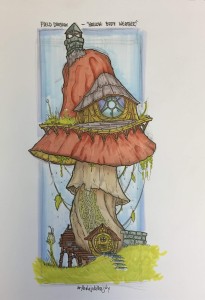 a drawing of a mushroom house with a window.