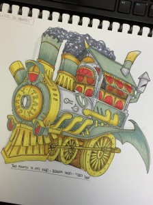 a drawing of a train with a bunch of things on it.
