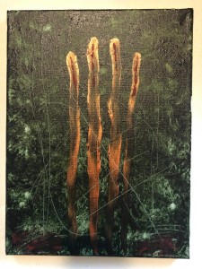 a painting of a group of trees in a forest.